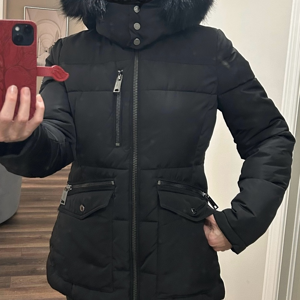 Calvin Klein Black Quilted Puffer Coat with Fur-Lined Hood